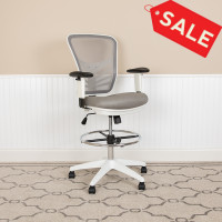 Flash Furniture HL-0001-1CWHITE-LTGY-GG Mid-Back Light Gray Mesh Ergonomic Drafting Chair with Adjustable Chrome Foot Ring, Adjustable Arms and White Frame